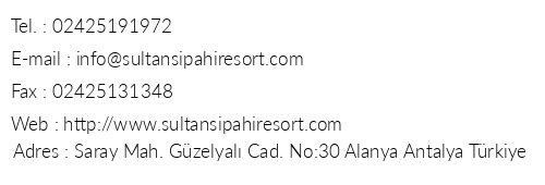 Sultan Sipahi Resort telefon numaralar, faks, e-mail, posta adresi ve iletiim bilgileri